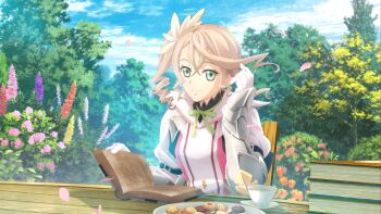 Rule 34 | 1girl, alisha diphda, armor, artist request, blonde hair, book, breasts, chair, cloud, cookie, cup, day, drill hair, falling petals, flower, food, game cg, garden, gauntlets, gloves, green eyes, green ribbon, hair between eyes, hand in own hair, highres, looking at viewer, medium hair, official art, on chair, outdoors, petals, plate, reading, ribbon, saucer, side drill, side ponytail, sitting, smile, solo, table, tales of (series), tales of crestoria, tales of zestiria, teacup, third-party source, tree, upper body
