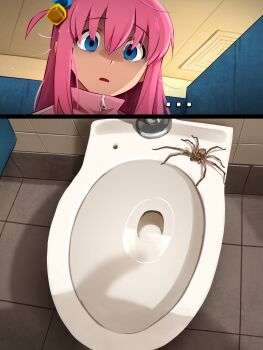 ... 1futa absurdres ahoge blue_eyes bocchi_the_rock! bug commentary english_commentary floor_tiles futanari gotoh_hitori hair_ornament highres implied_futanari jacket khyle. long_hair open_mouth penis_shadow pink_hair pink_jacket shadow spider toilet
