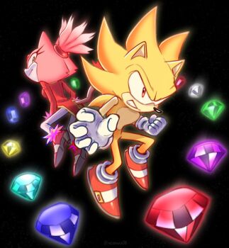 1boy 1girl black_background blaze_the_cat burning_blaze chaos_emerald furry furry_female furry_male gloves highres jacket pink_fur pink_shoes ponytail red_eyes red_jacket red_shoes shoes simple_background sol_emerald sonic_(series) sonic_rush sonic_rush_adventure sonic_the_hedgehog super_sonic white_gloves yellow_eyes yellow_fur yeonwu08