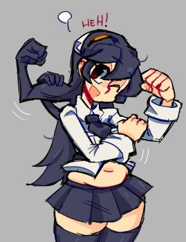 Rule 34 | 1girl, blue hair, cowboy shot, filia (skullgirls), flexing, grey background, long hair, mercysstrap, motion lines, navel, necktie, one eye closed, open mouth, pleated skirt, plump, prehensile hair, puff of air, red eyes, samson (skullgirls), school uniform, sketch, skirt, skullgirls, smile, solo, thighhighs