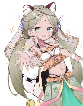 1girl animal animal_ears bindi blush breasts dark_skin earrings extra_ears green_eyes heaven_burns_red highres indian_clothes jewelry long_hair navel outstretched_arm rinki_oohen small_breasts solo tail tiger_ears tiger_tail twintails vritika_balakrishnan