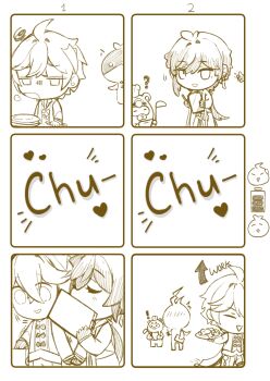 2boys covering_mouth dochikun genshin_impact greyscale highres image_sample kiss monochrome multiple_boys pixiv_sample recharging tartaglia_(genshin_impact) waiter white_background yaoi zhongli_(genshin_impact)
