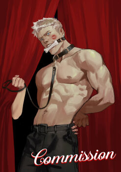 1boy 1girl abs absurdres animal_collar annoyed bare_pectorals bdsm blue_eyes bondage bone bound chain chain_leash collar devil_may_cry_(series) devil_may_cry_5 femdom hetero highres holding holding_leash kiss kissing_cheek large_pectorals leash lips looking_at_viewer male_focus maozhu mature_male muscular muscular_male necktie nero_(devil_may_cry) nose pectorals pet_play realistic short_hair solo topless_male upper_body white_hair