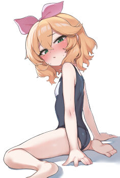 1girl absurdres ass barefoot black_one-piece_swimsuit blonde_hair blue_eyes blush commentary_request deko_isu green_eyes hairband highres idolmaster idolmaster_cinderella_girls legs looking_at_viewer one-piece_swimsuit pink_hairband sakurai_momoka school_swimsuit short_hair simple_background sitting soles solo swimsuit thighs white_background