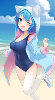 1girl :d animal_ear_hood animal_ears beach blue_eyes blue_hair blue_hoodie blue_one-piece_swimsuit blue_shoes blue_sky blurry blurry_background breasts cleavage cloud collarbone crossed_bangs day fake_animal_ears foot_out_of_frame hair_ornament hairclip hand_up highres hood hood_up hoodie large_breasts leg_up light_blush long_sleeves looking_at_viewer nanashi_inc. nishino_eri ocean one-piece_swimsuit one_eye_closed open_clothes open_hoodie open_mouth outdoors school_swimsuit shoes short_hair sky smile solo souya_ichika standing standing_on_one_leg swimsuit thighhighs unzipped virtual_youtuber white_shoes white_thighhighs