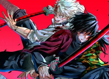 2boys absurdres belt black_hair black_jacket black_pants blood blood_on_face blue_eyes buttons demon_slayer_uniform gold_buttons haori high_collar highres holding holding_sword holding_weapon jacket japanese_clothes katana kikkoumon kimetsu_no_yaiba long_hair low_ponytail male_focus multiple_boys open_mouth pants ponytail print_haori purple_eyes red_background red_haori shinazugawa_sanemi smile spiked_hair sword teeth tomioka_giyuu urara0408 weapon white_belt