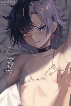 1girl artist_name black_choker black_hair blush bra breasts chocolate choker earrings english_text fanbox_username heterochromia highres chromashift jewelry looking_at_viewer lying multicolored_hair nipple_slip nipples on_bed patreon_username prince purple_hair red_eyes rin_penrose short_hair small_breasts solo_focus split-color_hair sunsetskyline two-tone_hair underwear undressing undressing_another virtual_youtuber white_bra white_hair