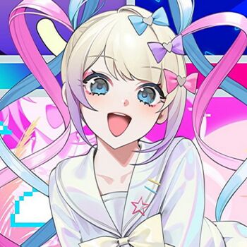 1girl blonde_hair blue_bow blue_eyes blue_hair blue_serafuku bow chouzetsusaikawa_tenshi-chan hair_bow hair_ornament holographic_clothing long_hair long_sleeves looking_at_viewer lowres multicolored_hair multiple_hair_bows needy_girl_overdose nonparelliperuna open_mouth pink_hair purple_bow quad_tails school_uniform serafuku shirt skirt smile solo twintails