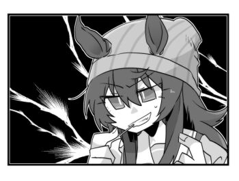 1girl beanie beer_hsk commentary_request ears_through_headwear greyscale grin hair_between_eyes hands_up hat long_hair monochrome nakayama_festa_(umamusume) puffy_short_sleeves puffy_sleeves school_uniform shirt short_sleeves small_sweatdrop smile solo striped_clothes striped_headwear sweat tracen_school_uniform umamusume upper_body vertical-striped_clothes vertical-striped_headwear