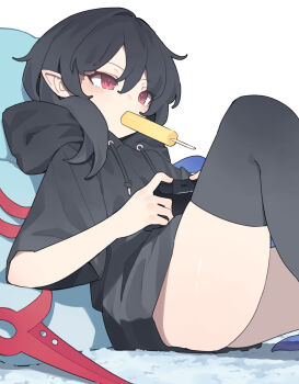 1girl black_hoodie black_thighhighs commentary controller eating feet_out_of_frame food game_controller garasuno highres holding holding_controller holding_game_controller hood hoodie houjuu_nue ice_cream medium_hair mouth_hold pointy_ears red_eyes short_sleeves simple_background single_sidelock sitting solo thighhighs touhou white_background