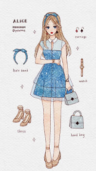 1girl alice_(disney) alice_in_wonderland_(disney) animification blonde_hair blue_dress contemporary dress fa_mulan_(disney) full_body long_hair looking_at_viewer makeup peilu_(pslu0423) ribbon shoes short_sleeves simple_background smile solo