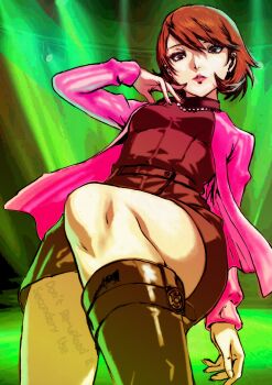 1girl absurdres bead_necklace beads boots breasts brown_boots brown_eyes brown_hair brown_shirt brown_skirt cardigan commentary earrings english_commentary feet_out_of_frame flipped_hair from_below hair_between_eyes hand_up highres jewelry knee_boots knees lips long_sleeves looking_at_viewer miniskirt necklace oeilvert_fft open_cardigan open_clothes parted_lips persona persona_3 persona_3_reload pink_cardigan pink_lips shirt short_hair skirt solo stud_earrings takeba_yukari thighs turtleneck turtleneck_shirt