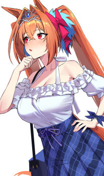 1girl absurdres animal_ears bag blue_bag blue_skirt blush bow breasts brown_hair cleavage crossed_bangs daiwa_scarlet_(casual)_(umamusume) daiwa_scarlet_(umamusume) franz2543 hair_between_eyes hair_bow hair_intakes hand_on_own_chin hand_on_own_hip highres holding holding_bag horse_ears horse_girl horse_tail large_breasts long_hair looking_to_the_side off-shoulder_shirt off_shoulder open_mouth pink_bow red_eyes shirt sidelocks skirt solo tail tiara twintails umamusume white_shirt
