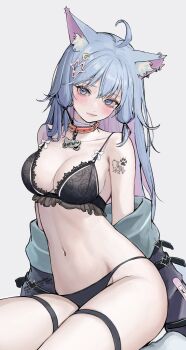 10_plus 1girl animal_ear_fluff animal_ears arm_tattoo armpit_crease bandage_on_neck bare_shoulders black_bra black_panties blue_eyes blue_hair blue_jacket blush bra breasts cleavage collar colored_inner_hair commission crescent crescent_hair_ornament hair_ornament highres indie_virtual_youtuber jacket jacket_partially_removed lace lace-trimmed_bra lace_trim large_breasts lingerie long_hair multicolored_hair navel off_shoulder ookami_garuru orange_collar panties pink_hair pink_lips sitting skeb_commission solo stomach tattoo thigh_strap two-sided_fabric two-sided_jacket underwear virtual_youtuber wolf_ears wolf_girl