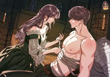 1boy 1girl bandaged_chest bandages bare_shoulders black_pants breasts brick_wall brown_eyes brown_hair caleb_(love_and_deepspace) candle cleavage collarbone dress hair_between_eyes half_updo healing hetero highres holding_bandages long_hair looking_at_another love_and_deepspace medium_breasts muscular muscular_male off-shoulder_dress off_shoulder pants parted_bangs pectorals protagonist_(love_and_deepspace) short_hair tako_drawing topless_male unworn_armor upper_body white_sleeves window