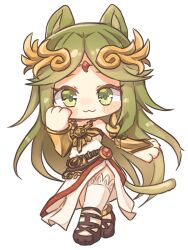 Rule 34 | 1girl, :3, absurdres, animal ears, belt, brown belt, chibi, chibi only, closed mouth, dress, full body, green eyes, green hair, highres, kemonomimi mode, kid icarus, long hair, looking at viewer, nintendo, no nose, palutena, simple background, solo, thighhighs, white background, white dress, white thighhighs, yuukichi (yu kiti27)