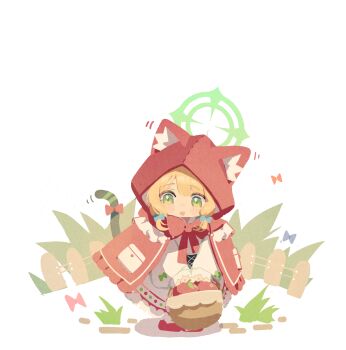 Rule 34 | 1girl, :d, animal ears, animal hood, apple, basket, blonde hair, blue archive, blush stickers, bow, cat hood, cat tail, chibi, chibi only, coat, commentary, dress, food, fruit, full body, green bow, green eyes, green halo, hair bow, halo, highres, holding, holding basket, hood, hood up, hooded coat, little red riding hood (fairy tale character), long sleeves, mechanical tail, midori (blue archive), open clothes, open coat, open mouth, patanda, red coat, red shoes, shoes, short hair, simple background, smile, solo, standing, tail, white background, white dress