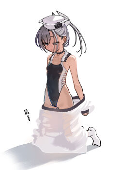 1girl absurdres black_one-piece_swimsuit breasts commentary_request competition_swimsuit dace_(kancolle) dark-skinned_female dark_skin dixie_cup_hat grey_hair hat headgear highleg highleg_one-piece_swimsuit highres kantai_collection kneeling military_hat one-piece_swimsuit shirt side_ponytail simple_background sing152 small_breasts solo swimsuit tan unworn_clothes white_background white_shirt