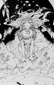 Rule 34 | 1boy, 1girl, all fours, dress, earrings, from above, ganon, greyscale, jewelry, kandori makoto, long hair, looking up, master sword, monochrome, monster, nintendo, pauldrons, pointy ears, princess zelda, shadow, shoulder armor, the legend of zelda, the legend of zelda: ocarina of time, tiara, traditional media