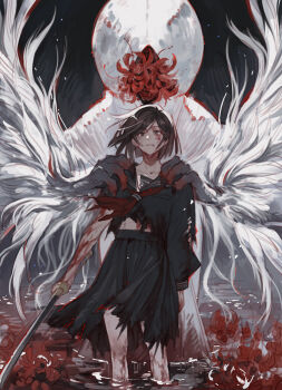 1girl absurdres black_eyes black_hair blood claws commentary flower grey_fur highres holding holding_sword holding_weapon japanese_clothes long_sleeves luminous_slime neckerchief pleated_skirt robe school_uniform serafuku shimizu_hinako shiromuku_(silent_hill) short_hair silent_hill_(series) silent_hill_f skirt spider_lily sword torn_clothes veil weapon