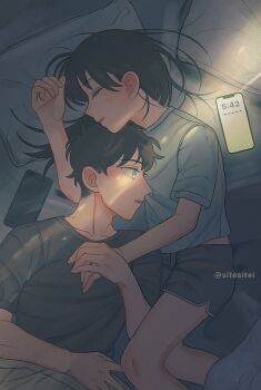 1boy 1girl black_hair blue_eyes cellphone closed_eyes couple dolphin_shorts futsuu_no_keion-bu grey_shorts hatono_chihiro hetero highres holding_hands indoors light_rays lying mizuo_haruichi on_bed on_side phone pillow shirt short_hair short_shorts short_sleeves shorts sitesitei sleeping smartphone sunbeam sunlight t-shirt twitter_username