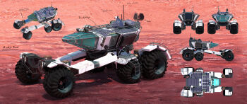 Rule 34 | absurdres, commentary, day, english commentary, english text, facing viewer, felixriano, from above, from behind, from side, highres, motor vehicle, original, painterly, radio antenna, reference sheet, scenery, science fiction, solar panel, wheel