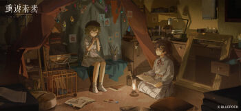 2girls aged_down black_hat blonde_hair blue_bow blue_bowtie book book_stack bow bowtie brown_hair brume_(reverse:1999) buttons celia_(reverse:1999) clenched_hands closed_eyes closed_mouth copyright_name copyright_notice cushion dress full_body glasses hands_up hat highres holding holding_book indian_style indoors lamp logo long_sleeves looking_at_another multiple_girls neck_ribbon newsboy_cap no_shoes official_art official_wallpaper open_book paper picture_frame red_ribbon reverse:1999 ribbon round_eyewear short_dress short_hair short_sleeves sitting smile socks white_dress white_socks