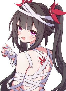 1girl :d bandages black_hair blunt_bangs blush commentary_request hair_ribbon hand_up highres honkai:_star_rail honkai_(series) long_hair looking_at_viewer nail_polish open_mouth purple_eyes red_nails red_ribbon ribbon sasanekomaru simple_background smile solo sparkle_(honkai:_star_rail) twintails upper_body white_background