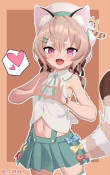 1girl absurdres animal_ears brown_hair chenki_(chenki) commentary fang heart heart_hands highres komachi_panko navel phase_connect shirt skirt sleeveless smile solo tail virtual_youtuber
