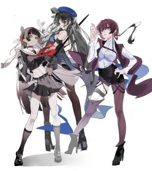 3girls arm_cutout beret black_choker black_eyes black_hair black_pantyhose black_serafuku black_shirt black_shorts black_skirt black_socks blue_dress blue_hat breasts chinese_commentary chisa_(wuthering_waves) choker closed_mouth clothing_cutout commentary_request crop_top crossover dress dududadududaqwq hair_ribbon hand_up hat holding holding_sword holding_weapon honkai:_star_rail honkai_(series) jacket kafka_(honkai:_star_rail) loafers long_hair long_sleeves looking_at_viewer medium_breasts midriff multiple_girls navel neckerchief pantyhose purple_eyes purple_hair purple_jacket purple_pantyhose red_eyes red_neckerchief red_ribbon ribbon sailor_collar school_uniform serafuku shirt shoes shorts simple_background single_leg_pantyhose skirt socks sword tacet_mark_(wuthering_waves) very_long_hair weapon white_background white_sailor_collar white_shirt wuthering_waves yangyang_(wuthering_waves)