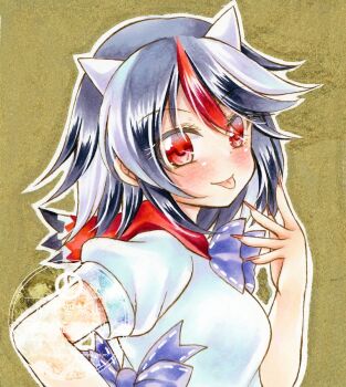 1girl :p black_hair blush breasts commentary cone_horns fingernails grey_horns highres horns kijin_seija long_fingernails long_hair looking_at_viewer medium_breasts multicolored_hair nekofish666 puffy_short_sleeves puffy_sleeves red_eyes red_nails red_streaks sharp_fingernails short_sleeves small_horns smile solo streaked_hair tongue tongue_out touhou upper_body watermark white_streaks