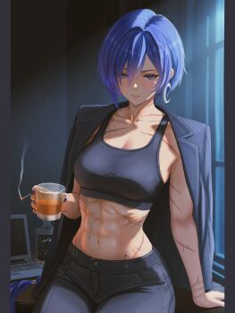 1girl abs alcohol alternate_costume arm_support black_jacket black_sports_bra blue_hair blush bottle breasts cigarette cleavage collarbone commentary computer cowboy_shot crescent crescent_earrings cup dgkamikaze drinking_glass earrings facial_scar hair_between_eyes highres holding holding_cigarette holding_cup indoors jacket jacket_on_shoulders jewelry laptop medium_breasts midriff mole mole_on_stomach multiple_scars navel pants promeia_(zenless_zone_zero) purple_eyes purple_nails scar scar_on_arm scar_on_cheek scar_on_face scar_on_stomach sitting smoke solo sports_bra sweat whiskey window zenless_zone_zero