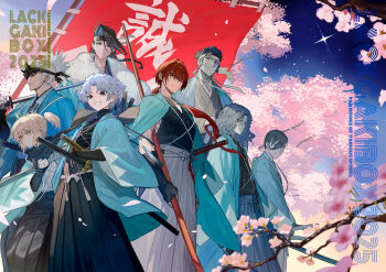 Rule 34 | 1girl, 6+boys, aqua haori, arm guards, black hair, black hakama, black kimono, black scarf, blonde hair, braid, cherry blossoms, commentary request, curtained hair, fate/grand order, fate (series), fighting stance, flag, forehead protector, fur shawl, grey hair, grey hakama, grey kimono, hakama, haori, haori on shoulders, harada sanosuke (fate), harada sanosuke (teal haori and hakama) (fate), headband, high ponytail, highres, hijikata toshizou (teal haori and hakama) (fate), holding, holding polearm, holding weapon, japanese clothes, katana, kimono, kondou isami (fate), lack, medium sideburns, multiple boys, nagakura shinpachi (fate), nagakura shinpachi (third ascension) (fate), okita souji (fate), okita souji (teal haori and hakama) (fate), over shoulder, polearm, ponytail, ready to draw, red hair, saitou hajime (fate), saitou hajime (third ascension) (fate), scar, scar on arm, scar on face, scar on forehead, scarf, shawl, sheath, sheathed, shinsengumi (fate), short ponytail, sleeveless, sleeveless kimono, spiked headband, sword, sword over shoulder, tasuki, toudou heisuke (fate), toudou heisuke (third ascension) (fate), unsheathed, wavy hair, weapon, weapon over shoulder, white hair, white hakama, white kimono, yamanami keisuke (fate), yamanami keisuke (third ascension) (fate)