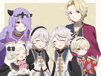 3boys 3girls ^_^ aged_down black_bow black_hairband blonde_hair book border bow bowtie braid braided_hair_rings camilla_(fire_emblem) camilla_(young_beauty)_(fire_emblem) closed_eyes closed_mouth commentary_request female_corrin_(fire_emblem) female_corrin_(young_kinship)_(fire_emblem) male_corrin_(fire_emblem) male_corrin_(young_kinship)_(fire_emblem) double-parted_bangs elise_(fire_emblem) elise_(sparkling_smile)_(fire_emblem) fire_emblem fire_emblem_fates fire_emblem_heroes gmais2514 grey_hair hair_between_eyes hair_bow hair_rings hairband highres holding holding_book leo_(fire_emblem_fates) leo_(young_sprout)_(fire_emblem_fates) long_hair multiple_boys multiple_girls multiple_hair_bows nintendo official_alternate_costume one_eye_closed open_book open_mouth outline outside_border pink_bow pink_bowtie purple_eyes purple_hair red_eyes short_hair smile tiara white_border white_outline xander_(fire_emblem) xander_(focused_firstborn)_(fire_emblem) yellow_background