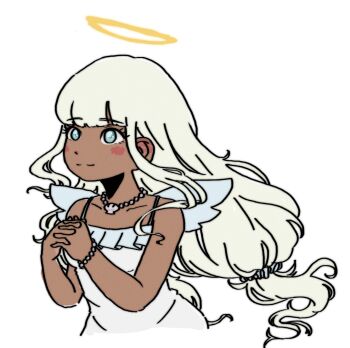 Rule 34 | angel, angel wings, blue eyes, blush, danganronpa (series), danganronpa v3: killing harmony, dark-skinned female, dark skin, dress, feathered wings, halo, jewelry, magicaldraw (medium), necklace, rimmyrimrim, shell, shell necklace, traditional halo, twintails, white background, white dress, white hair, wings, yellow halo, yonaga angie