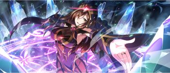 1girl armpits bare_shoulders belt_buckle black_pantyhose bracelet breasts brooch brown_eyes brown_hair buckle chest_belt cleavage clothing_cutout covered_navel cryokinesis cutout_above_navel detached_sleeves dress game_cg garter_straps gem gold_trim groin hair_over_one_eye highres ice jewelry kono_subarashii_sekai_ni_shukufuku_wo! konosuba!_fantastic_days large_breasts long_hair looking_at_viewer magic magic_circle official_alternate_costume official_art open_mouth outstretched_arms pantyhose parted_lips pelvic_curtain purple_dress purple_sleeves purple_veil raised_eyebrows red_gemstone see-through_cleavage see-through_clothes see-through_legwear see-through_pantyhose sideboob sidelocks skull skull_brooch solo spread_arms steam underboob_cutout underbust veil wavy_hair wing_brooch wiz_(konosuba)