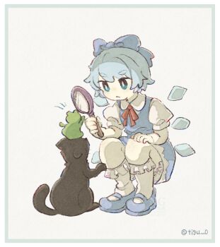 1girl animal aqua_hair black_cat blue_bow blue_dress blue_eyes blue_shoes bow cat chigu cirno closed_mouth collared_shirt commentary_request dress frog full_body hair_bow hand_on_own_knee highres holding holding_magnifying_glass kneehighs magnifying_glass mary_janes neck_ribbon puffy_short_sleeves puffy_sleeves red_ribbon ribbon shirt shoes short_hair short_sleeves socks solo squatting touhou twitter_username white_shirt white_socks