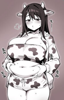 1girl absurdres animal_ears animal_print breasts brll cow_ears cow_horns cow_print grabbing_own_stomach greyscale highres horns jacket large_breasts long_hair monochrome navel open_clothes open_jacket original plump shorts solo
