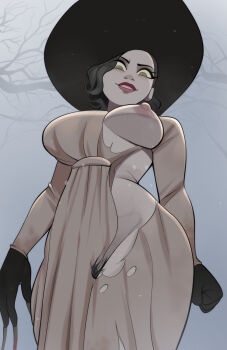 1girl alcina_dimitrescu alternate_breast_size black_gloves black_hair black_hat branch breasts brown_dress claw_(weapon) curvy dress evil_smile eyes_visible_through_hair from_below gloves green_eyes hat highres large_breasts narrow_waist newguy1091 nipples one_breast_out pale_skin red_lips resident_evil resident_evil_village smile solo torn_clothes torn_dress weapon wide_hips