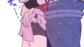 1boy 1girl ass black_shorts commentary_request couple from_side hand_on_another's_ass haruno_sakura hetero naruto_(series) naruto_shippuuden red_vest shorts simple_background suzu_(tg_390) thumbnail_collage twitter_username uchiha_sasuke vest white_background