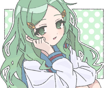 Rule 34 | 1girl, :d, blue sailor collar, commentary request, green hair, hand on own cheek, hand on own face, kimidori emiri, kita high school uniform, long hair, long sleeves, nanonome, open mouth, sailor collar, school uniform, serafuku, shirt, smile, solo, suzumiya haruhi no yuuutsu, tongue, white shirt, winter uniform