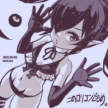 1girl backbeako_(torotei) backbeard bikini blue_background blush collarbone commentary cowboy_shot dated dated_commentary dutch_angle elbow_gloves frilled_bikini frills front-tie_bikini_top front-tie_top gegege_no_kitarou gloves hair_over_one_eye hands_up kono_lolicon_domome loli long_hair looking_at_viewer monochrome navel neck_ribbon open_mouth original paid_reward_available pointy_ears ribbon simple_background solo striped_clothes striped_thighhighs swimsuit thighhighs torotei translated twintails watermark web_address