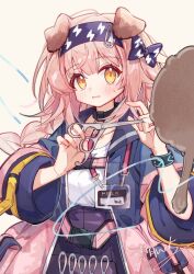 Rule 34 | 1girl, animal ears, arknights, black hairband, blush, braid, cat ears, chestnut mouth, coat, commentary, cutting hair, cutting own hair, embarrassed, english commentary, goldenglow (arknights), hairband, hand mirror, harness, highres, holding, holding scissors, id card, infection monitor (arknights), lightning bolt print, long hair, looking at viewer, mirror, mochizuki inochi, parted lips, pink coat, pink hair, purple skirt, scissors, shirt, signature, simple background, skirt, solo, upper body, white shirt, yellow background, yellow eyes