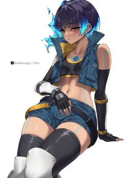 1girl blue_hair blush breasts brown_eyes crop_top cropped_jacket dark-skinned_female dark_skin elbow_gloves fingerless_gloves gloves medium_hair midriff riro_(breakthrough_rr) sena_(xenoblade) side_ponytail sitting sleeveless small_breasts thighhighs xenoblade_chronicles_(series) xenoblade_chronicles_3