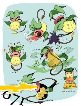 Rule 34 | acid, bad id, bad pixiv id, blender (object), blue background, confetti, gen 1 pokemon, japanese text, leaf, multiple views, nintendo, no humans, pokemon, pokemon (creature), pokemon focus, sairi (artist), solar beam (pokemon), victreebel