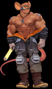 Rule 34 | 1boy, abs, animal ears, another eidos-r, bara, bare pectorals, biceps, bodysuit, boots, broad shoulders, brown boots, brown hair, calhoun (another eidos), facial scar, full body, gloves, goggles, highres, holding, holding weapon, jewelry, large pectorals, male focus, mouse boy, mouse ears, mouse tail, muscular, muscular male, necklace, nipples, official art, pectorals, scar, scar on arm, scar on cheek, scar on chest, scar on ear, scar on face, scar on shoulder, scar on stomach, shiny skin, solo, tail, transparent background, uleez, v-taper, veins, veiny arms, weapon