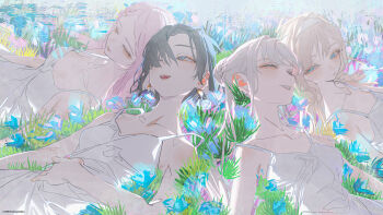 4girls ami_shido_(crymachina) black_hair blonde_hair blue_eyes braid closed_eyes crymachina double_bun dress earrings enoa_(crymachina) eyeshadow grey_eyes grey_hair hair_bun hairband highres jewelry leben_distel_(crymachina) long_hair makeup medium_hair mikoto_sengiku_(crymachina) multiple_girls official_art on_grass open_mouth parted_lips pink_hair rolua second-party_source side_braid suspenders teeth twintails upper_teeth_only white_dress yuri