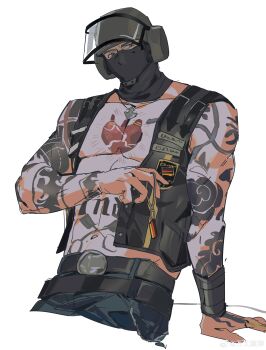 1boy absurdres arm_tattoo bandit_(rainbow_six_siege) bare_pectorals belt character_request check_character cropped_legs denim flag_print german_flag german_flag_print helmet highres jacket jeans jewelry leaning_back looking_to_the_side male_focus mask mouth_mask navel necklace open_clothes open_jacket pants pectorals rainbow_six_siege si_ming solo sparse_chest_hair strongman_waist tattoo