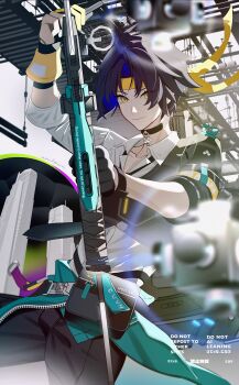 1boy absurdres armor arrow_(projectile) asaba_harumasa asymmetrical_gloves bag black_gloves black_hair black_pants bow_(weapon) building choker closed_mouth clothes_around_waist collarbone commentary earrings gloves half_gloves highres holding holding_weapon hollow_(zenless_zone_zero) jewelry looking_at_viewer male_focus mismatched_gloves naru9 pants shirt short_hair shoulder_armor single_half_glove skyscraper sleeves_rolled_up smile solo symbol-only_commentary weapon white_shirt wristband yellow_eyes yellow_gloves zenless_zone_zero