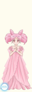 Rule 34 | 1girl, bishoujo senshi sailor moon, bishoujo senshi sailor moon crystal, chibi usa, collarbone, cone hair bun, crescent, crescent facial mark, double bun, dress, facial mark, forehead mark, frilled dress, frills, hair bun, highres, jewelry, morimoon, necklace, own hands together, pink dress, pink hair, red eyes, small lady serenity, smile, solo, twintails
